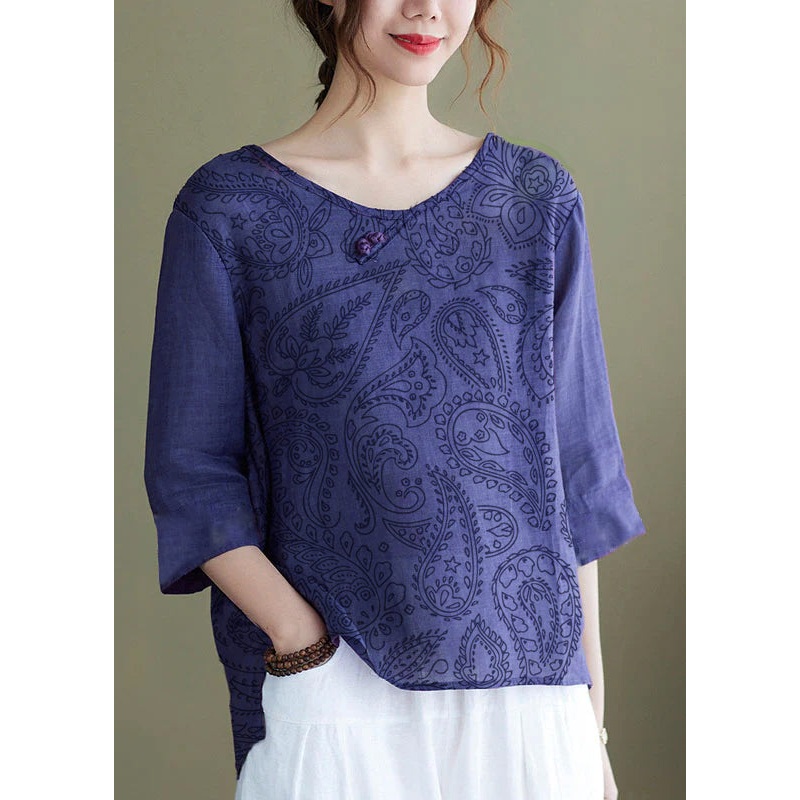 DIY purple-cashew pattern Embroideried side open Half Sleeve Top