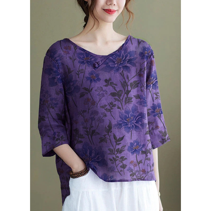 DIY purple-full of flowers Embroideried side open Half Sleeve Top