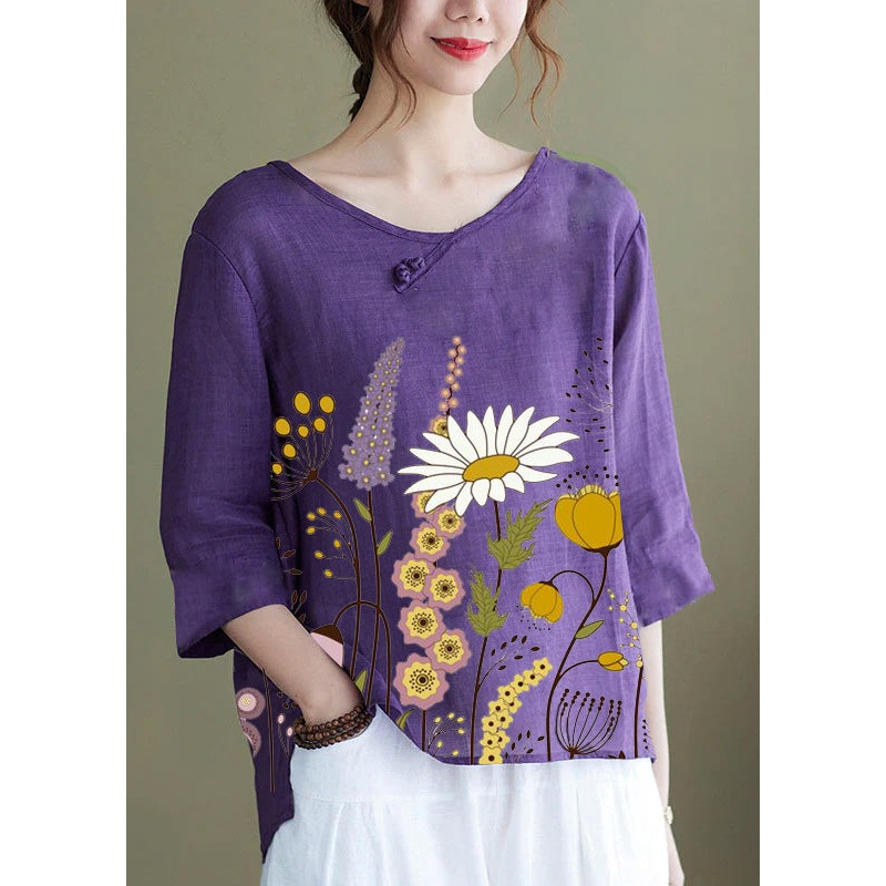 DIY purple-hem flower Embroideried side open Half Sleeve Top