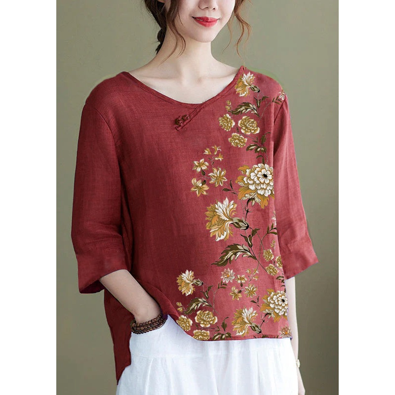 DIY Red Embroidered Side Open Half Sleeve Top