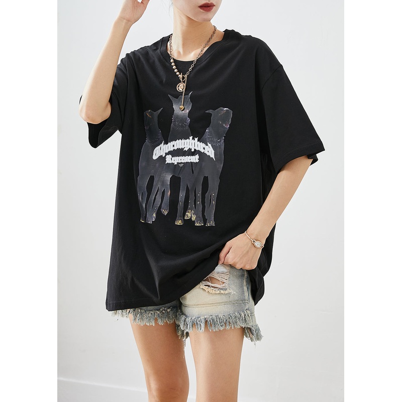 Elegant Black Oversized Print Cotton Tops Summer