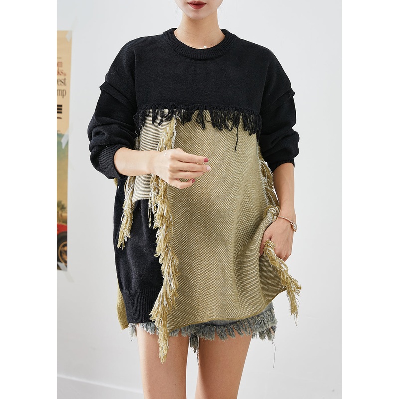 Elegant Colorblock Tasseled Patchwork Knitted Tops Fall