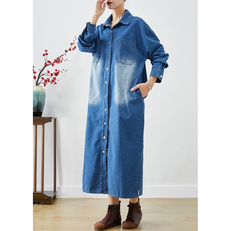 Fashion Blue Button Down Side Open Denim Trench Coats Fall