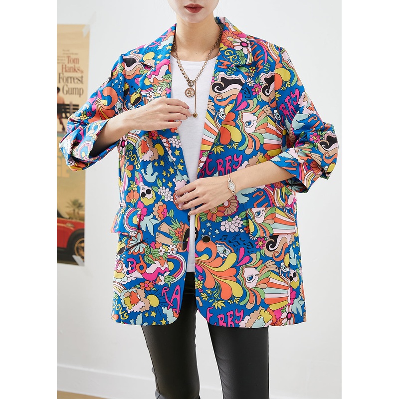 Fashion Blue Lapel Character Print Spandex Coats Fall