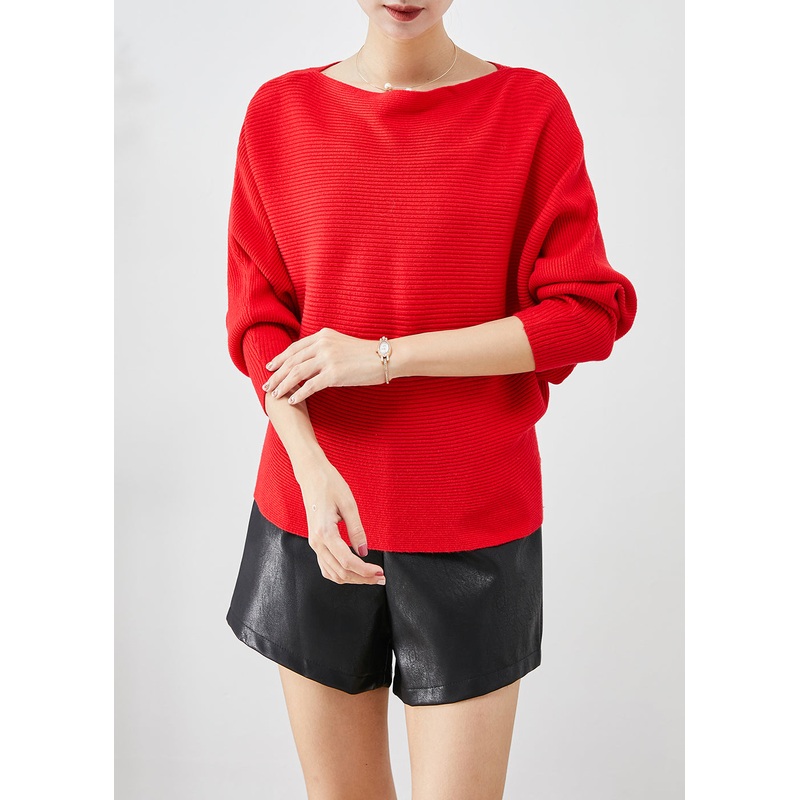 Fine Red Slash Neck Oversized Knit Sweater Tops Batwing Sleeve