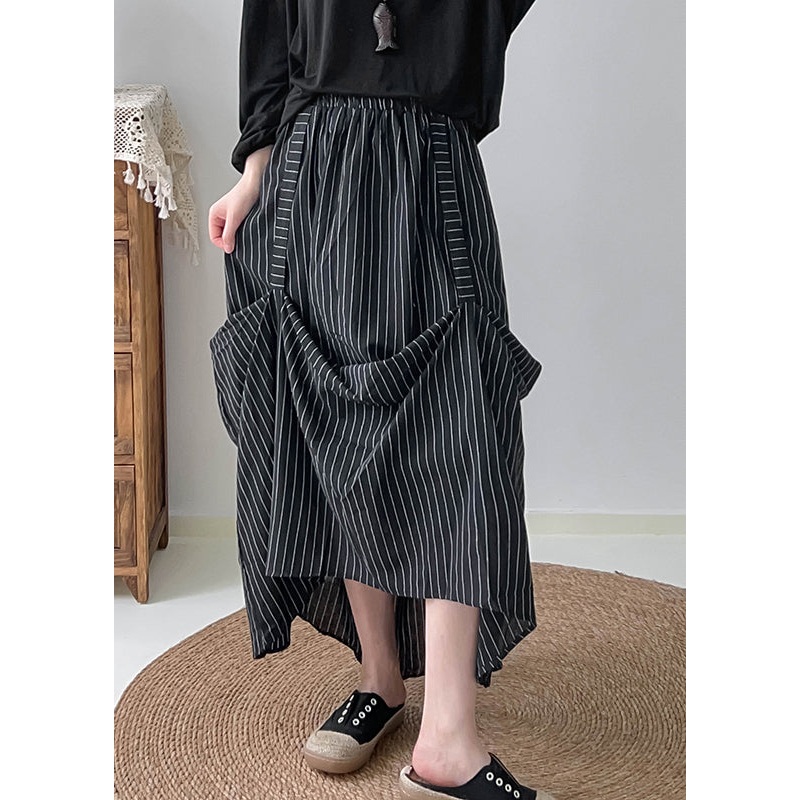 Fitted Black Asymmetrical Striped Cotton Skirts Summer