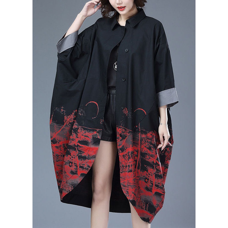 French Black Peter Pan Collar Print Patchwork Cotton Long Trench Coat Fall
