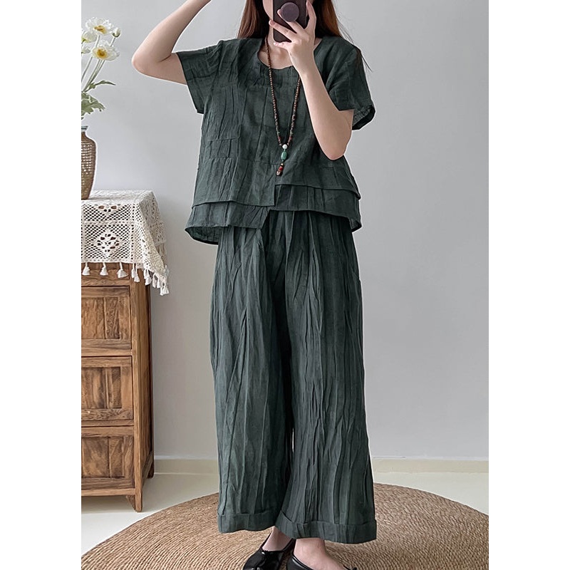 French Blackish Green Asymmetrical Tie Dye Linen Two Pieces Set Summer