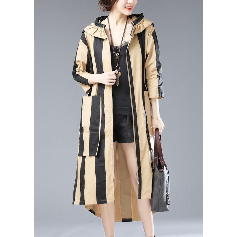 French Khaki Hooded Striped Pockets Patchwork Cotton Long Trench Coats Fall