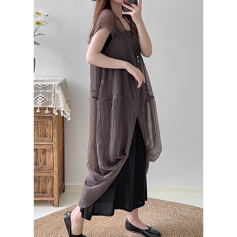 Grey Silk Two Piece Set Women Clothing Asymmetrical Wrinkled Summer