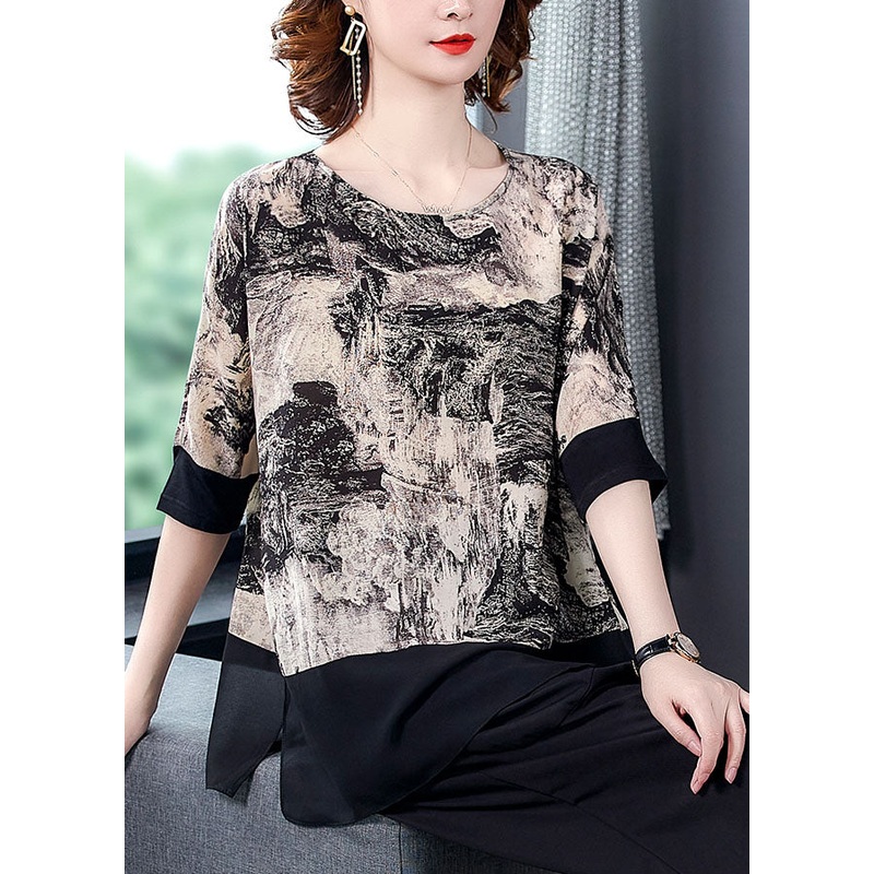 Italian Black O Neck Print Patchwork Chiffon T Shirt Top Summer