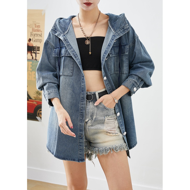 Italian Blue Oversized Hooded Pockets Denim Coats Fall