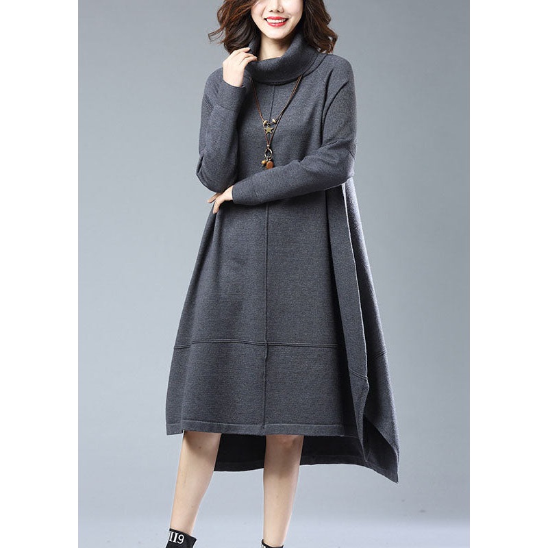 Italian Grey Turtleneck Low High Design Patchwork Woolen Dress Fall