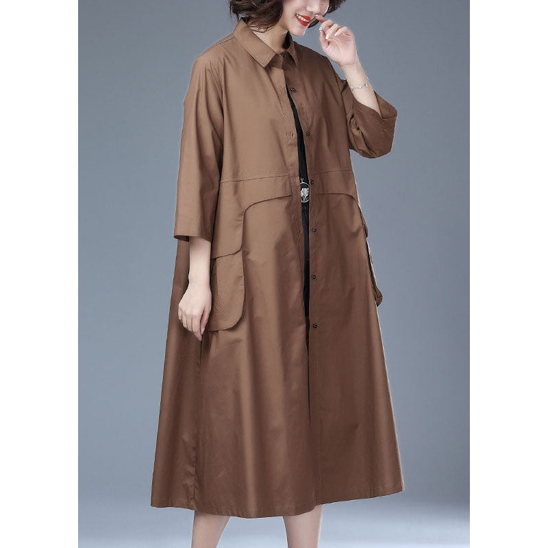 Italian Khaki Peter Pan Collar Button Patchwork Cotton Long Trench Coat Bracelet Sleeve