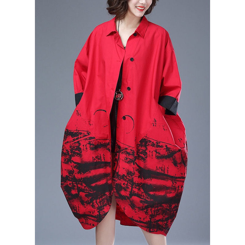 Italian Red Print Button Pockets Patchwork Cotton Long Trench Coat Fall