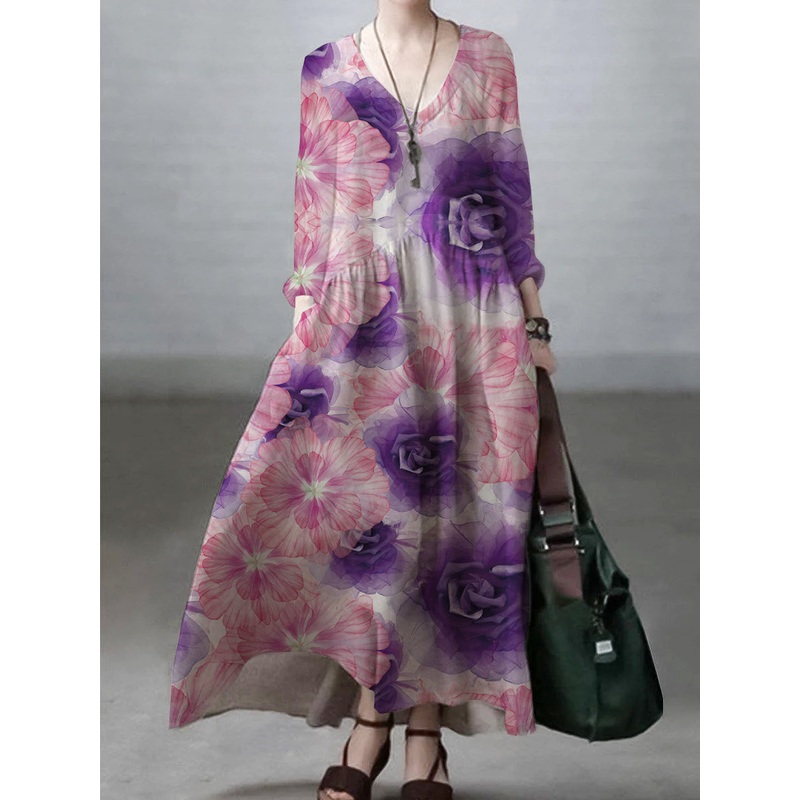 Ivory-crane Purple Simple and Loose V-neck Cotton and Linen Dress