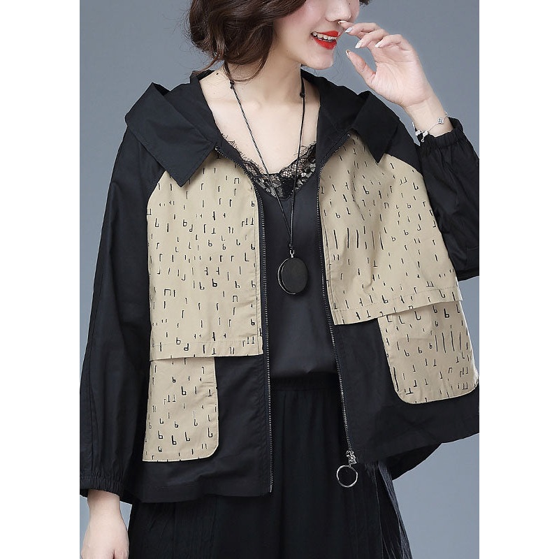 Khaki Patchwork Cotton Tops Coat Hooded Zippered Print Long Sleeve