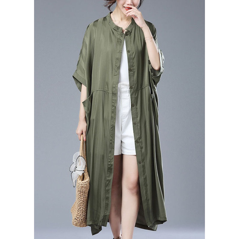 Loose Army Green Striped Pockets Patchwork Long Trench Coat Summer