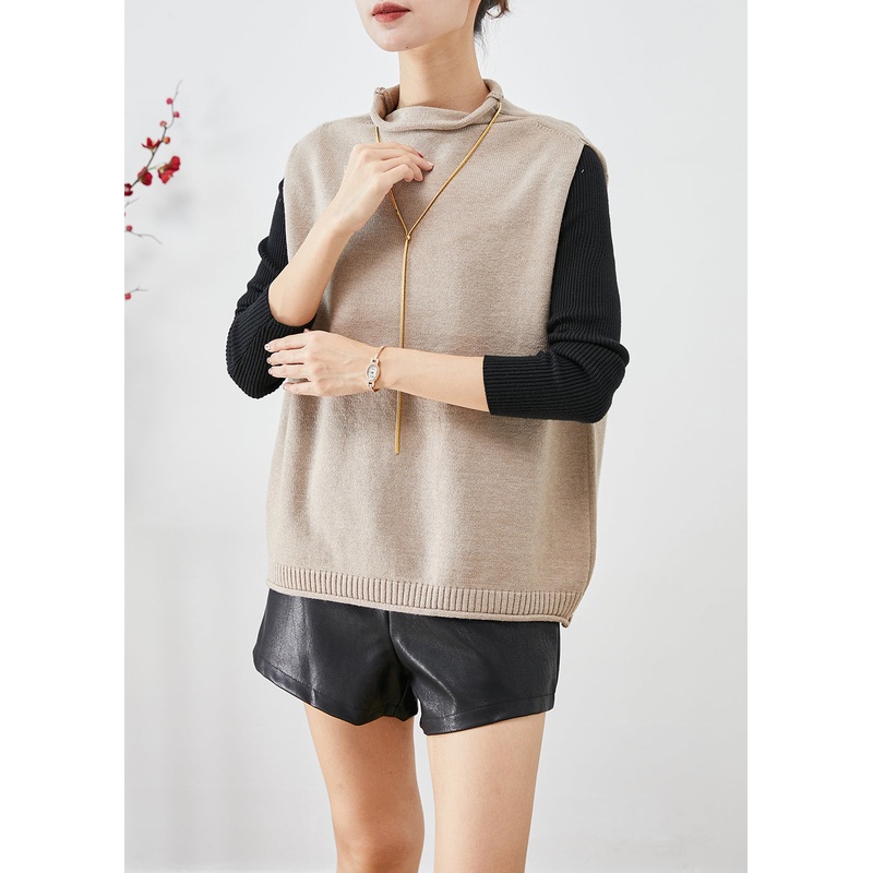 Modern Light Camel Turtle Neck Knit Vest Tops Fall
