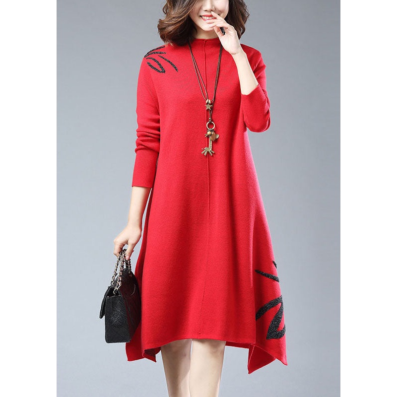 New Red Embroideried Side Open Patchwork Woolen Knitwear Dress Long Sleeve
