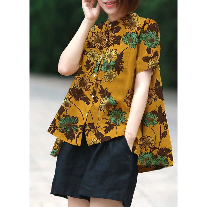 Orange yellow-flower Print Patchwork Linen Top Button Stand Collar Summer