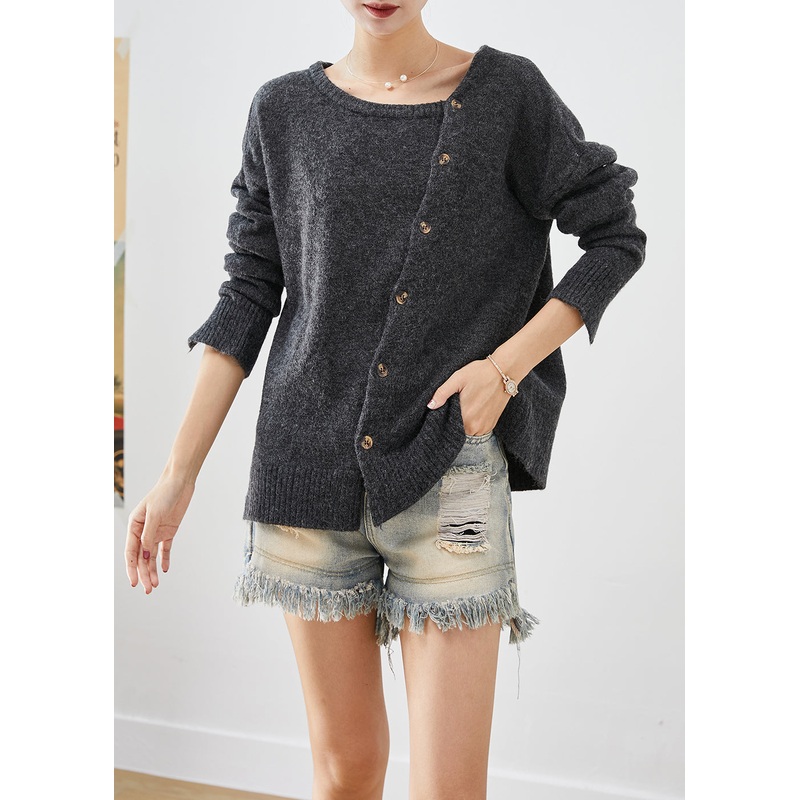 Plus Size Dull Grey Asymmetrical Patchwork Button Knit Pullover Fall