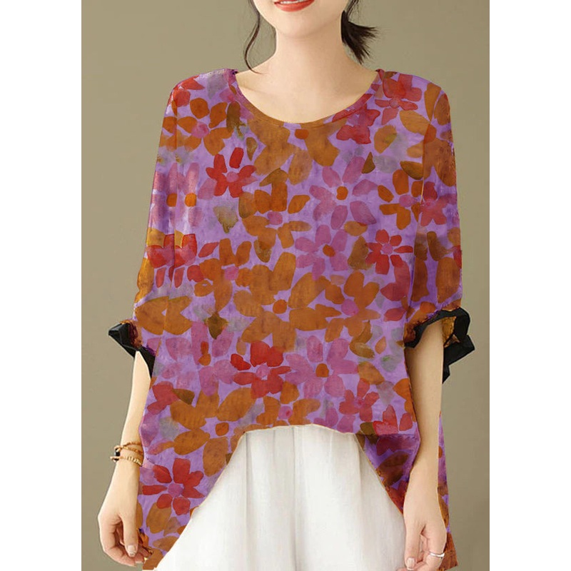 Purple flower Print Patchwork Cotton Loose Tops O Neck Summer