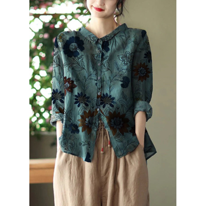 Retro Peacock Green-dark pattern Peter Pan Collar Print Button Wrinkled Shirts Long Sleeve
