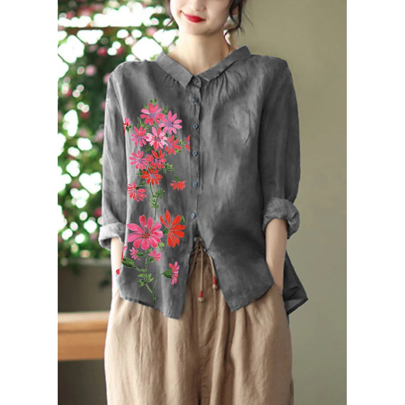 Retro Peacock grey Peter Pan Collar Print Button Wrinkled Shirts Long Sleeve