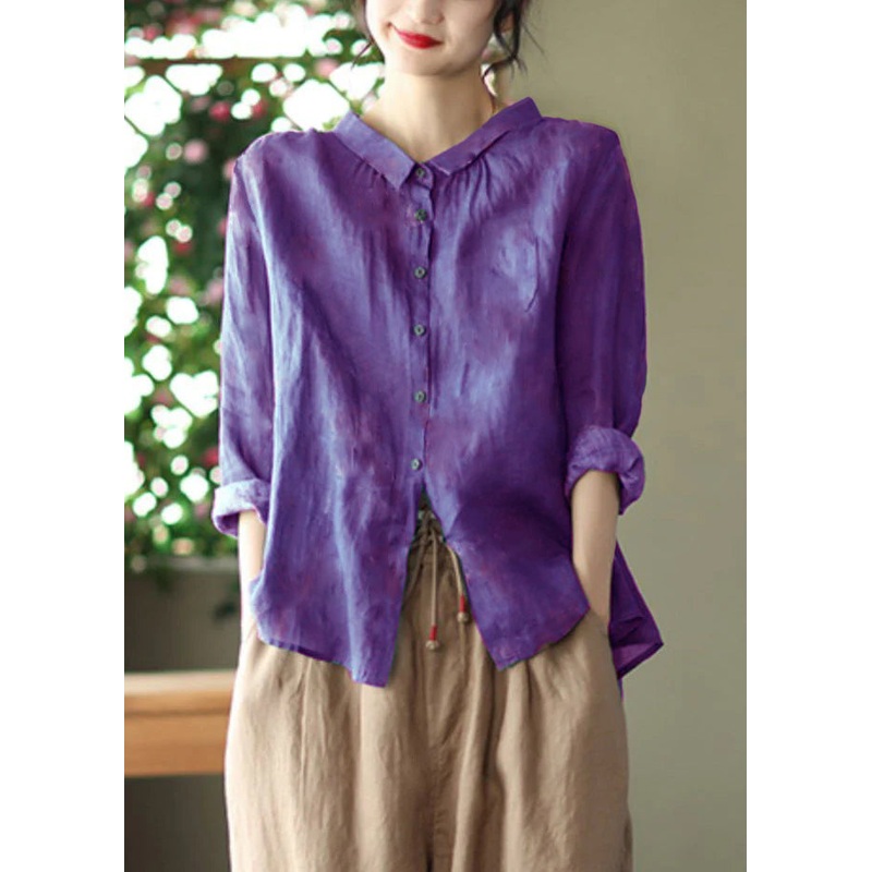 Retro Peacock purple Peter Pan Collar Print Button Wrinkled Shirts Long Sleeve