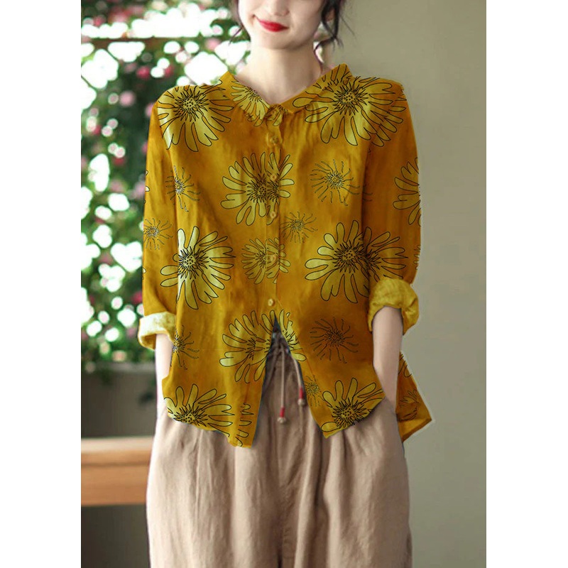 Retro Peacock yellow Peter Pan Collar Print Button Wrinkled Shirts Long Sleeve