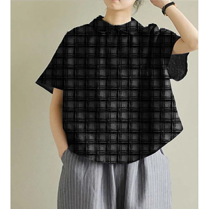 Simple black Peter Pan Collar Solid Linen Shirt Summer