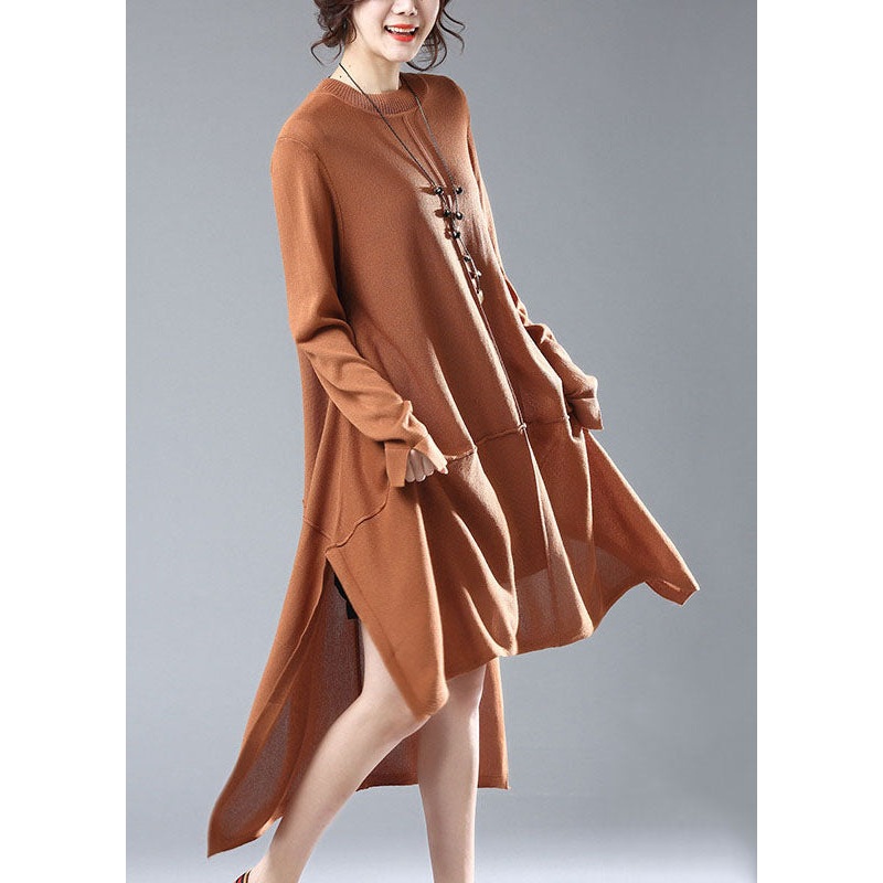 Simple Caramel O Neck Low High Design Patchwork Knit Knitwear  Dress Fall