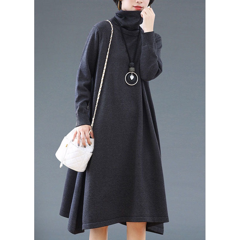 Simple Dark Grey Turtleneck Striped Patchwork Woolen Dress Fall