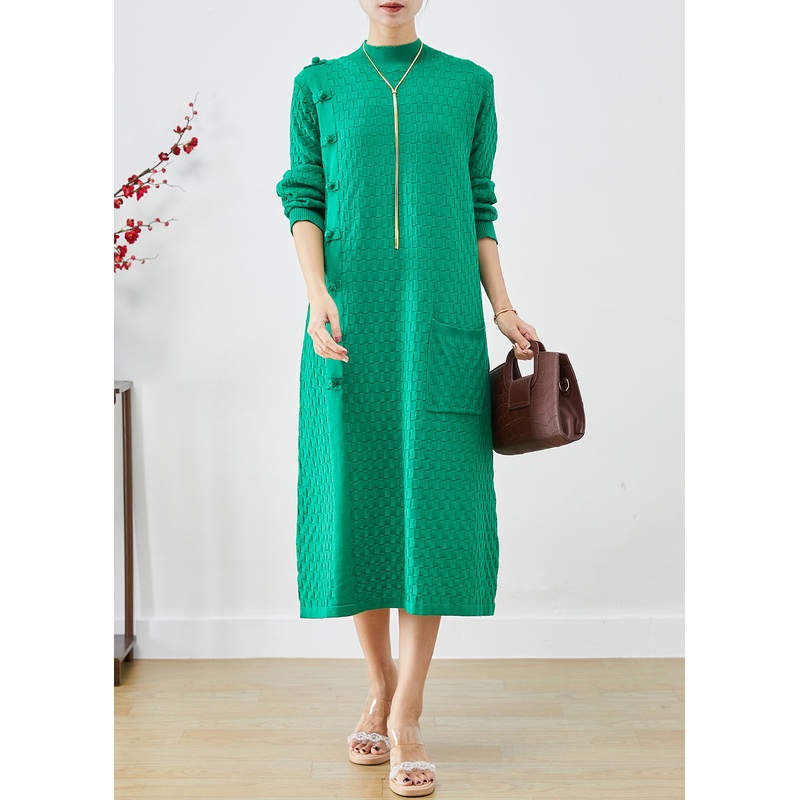 Simple Green Stand Collar Chinese Button Knitwear Dress Fall