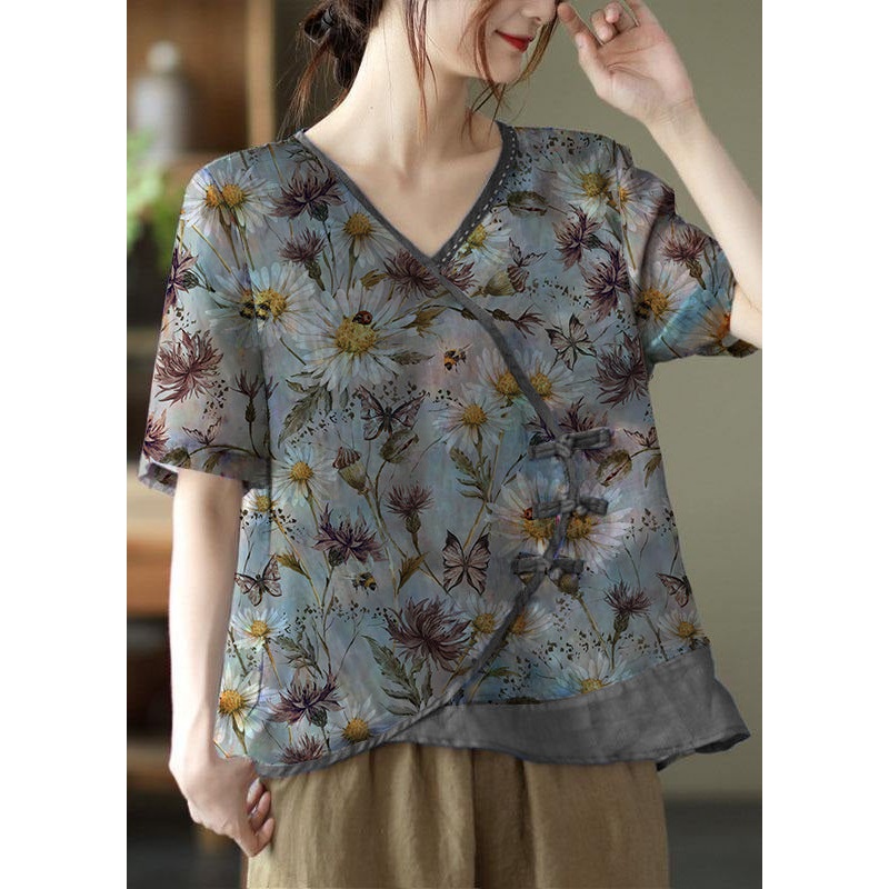 Simple grey Print Ramie Oriental Summer Tops