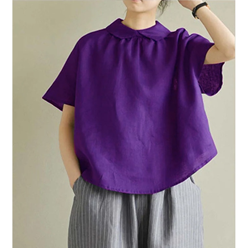 Simple purple Peter Pan Collar Solid Linen Shirt Summer
