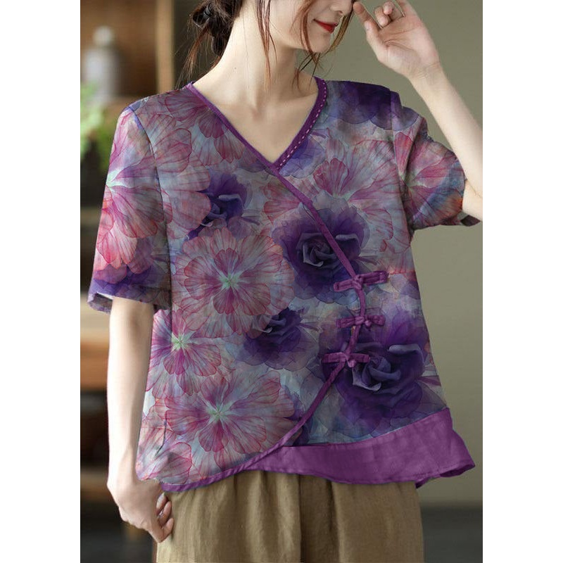 Simple Purple  Print Ramie Oriental Summer Tops