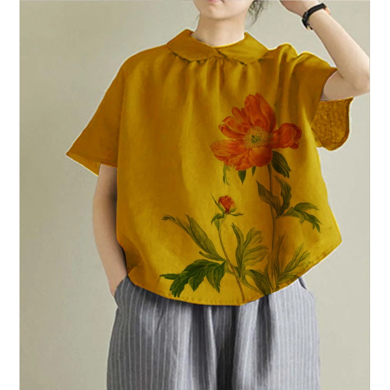 Simple yellow Peter Pan Collar Solid Linen Shirt Summer