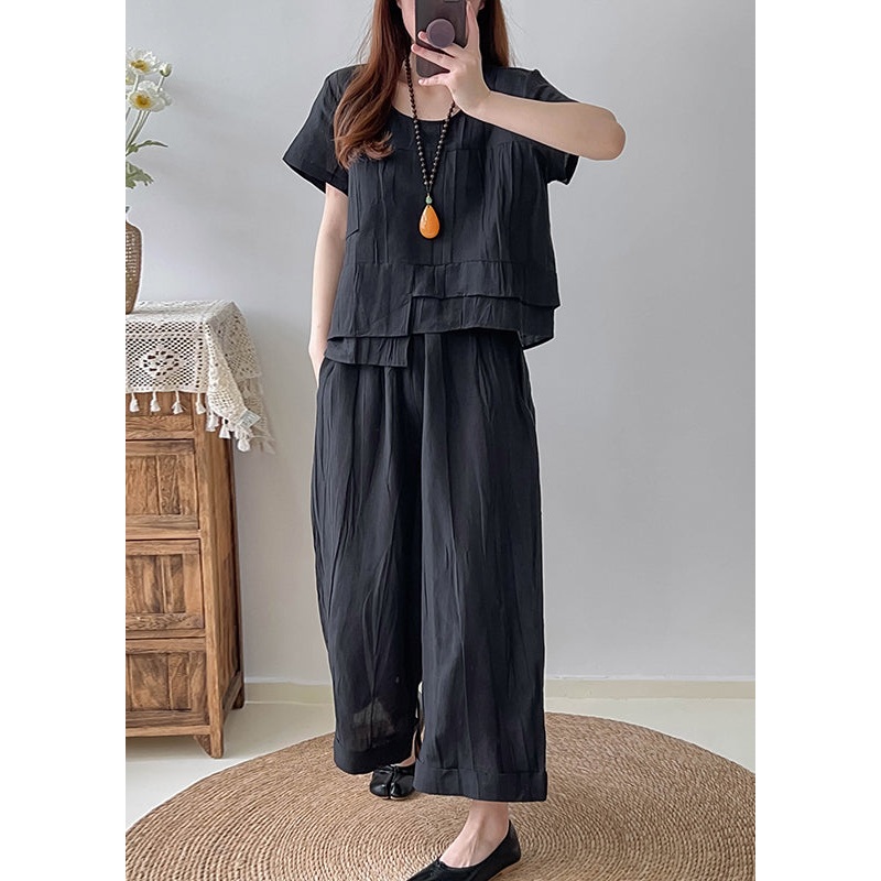 Style Black Asymmetrical Wrinkled Linen 2 Piece Outfit Summer