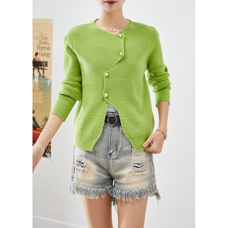 Style Grass Green Asymmetrical Button Down Knit Cardigan Fall