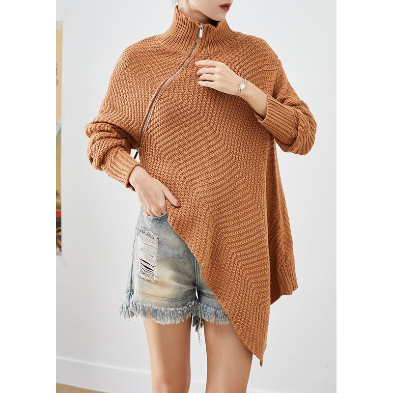 Style Khaki Turtle Neck Zippered Asymmetrical Knit Pullover Fall