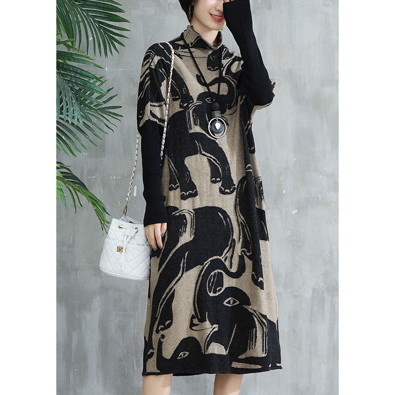 Stylish Apricot Turtleneck Print Patchwork Woolen Sweater Dress Fall