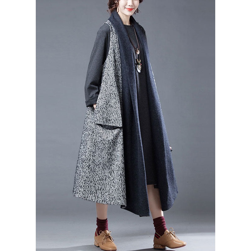 Stylish Grey Pockets Back Side Open Patchwork Woolen Vest Fall