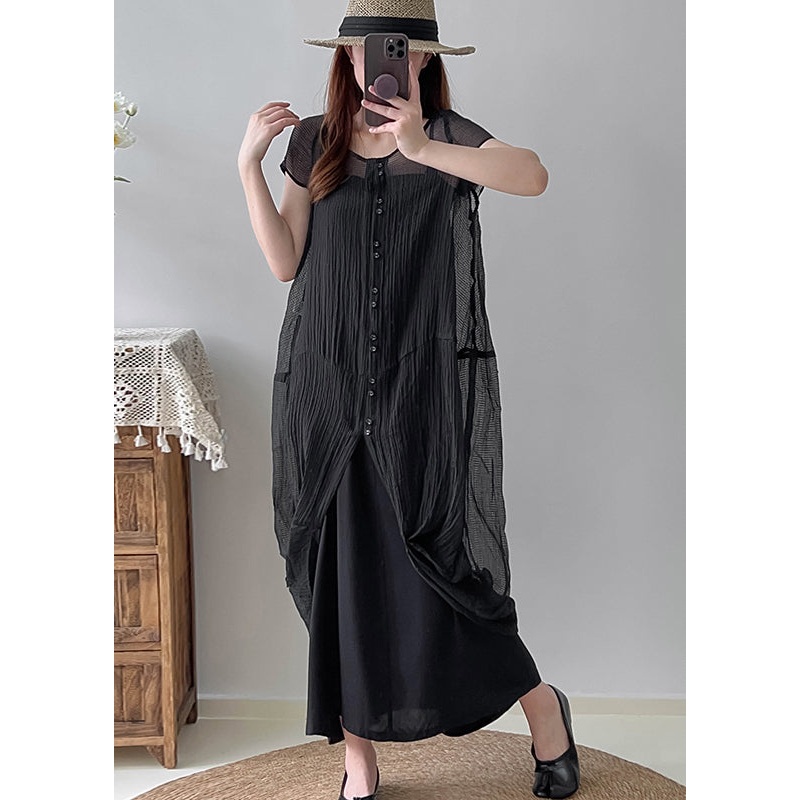 Vintage Black Asymmetrical Wrinkled Silk Dress Two Piece Set Summer