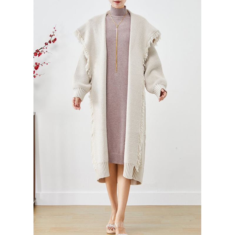White Oversized Knit Cardigan Sailor Collar Tasseled Fall
