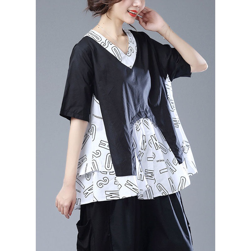 White Patchwork Cotton T Shirt Top V Neck Print Short Sleeve