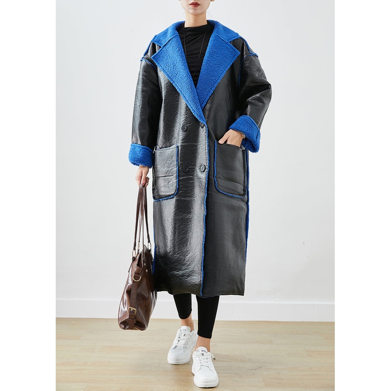 Women Black Fleece Wool Lined Wear On Both Sides Faux Leather Coat Outwear Winter