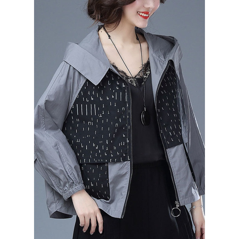 Women Black Hooded Print Pockets Patchwork Cotton Tops Coats Fall