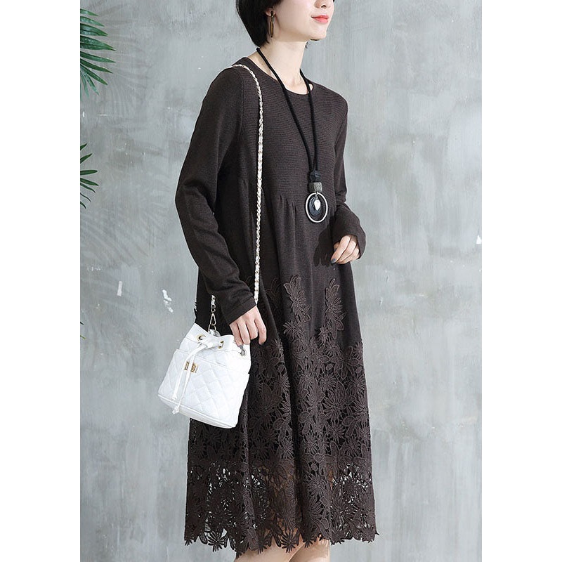 Women Coffee O Neck Wrinkled Lace Patchwork Knit Dress Fall